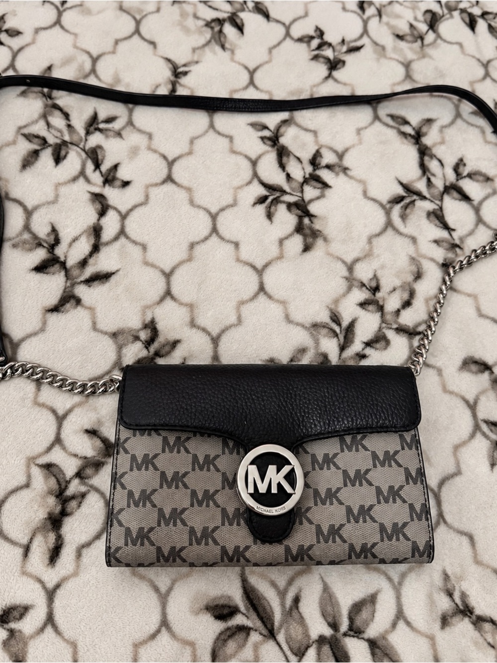 Michael Kors Black and Taupe MK Logo Crossbody Bag
